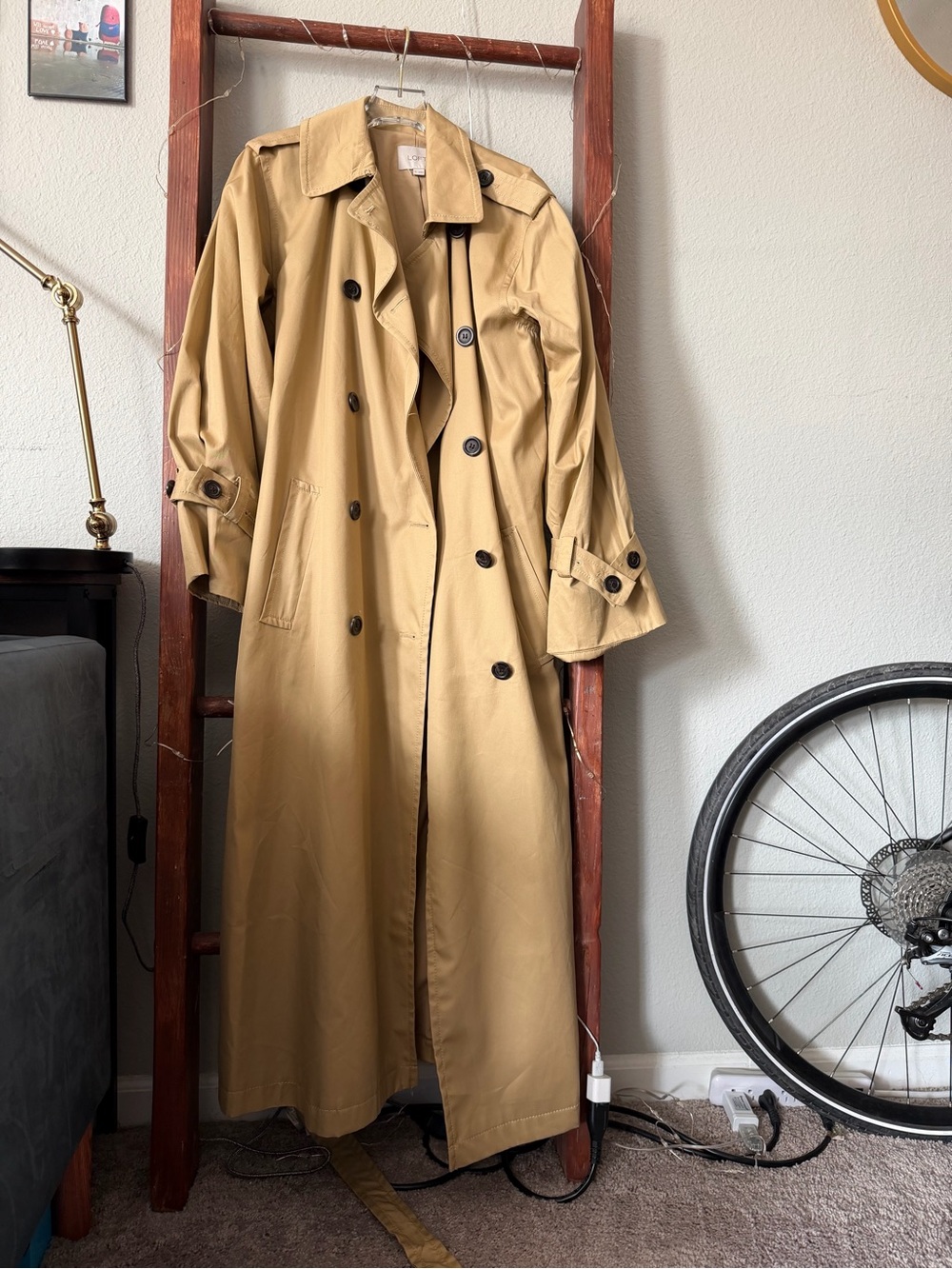 NWOT LOFT Classic Tan Trench Coat - Women's Long Double-Breasted Belted Trench - Picture 5 of 13